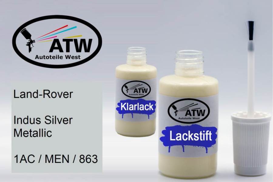 Land-Rover, Indus Silver Metallic, 1AC / MEN / 863: 20ml Lackstift + 20ml Klarlack - Set, von ATW Autoteile West.